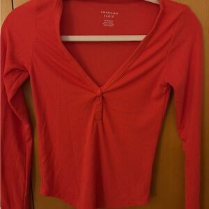 American Eagle Outfitters V-Neck Red Long Sleeve Top